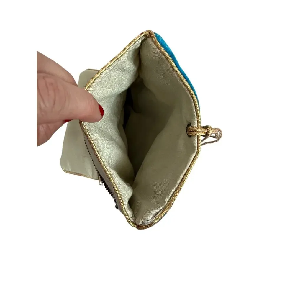 Vintage Teal Velvet Travel Jewelry Roll Organizer Gold Cord Three Zipper Pockets